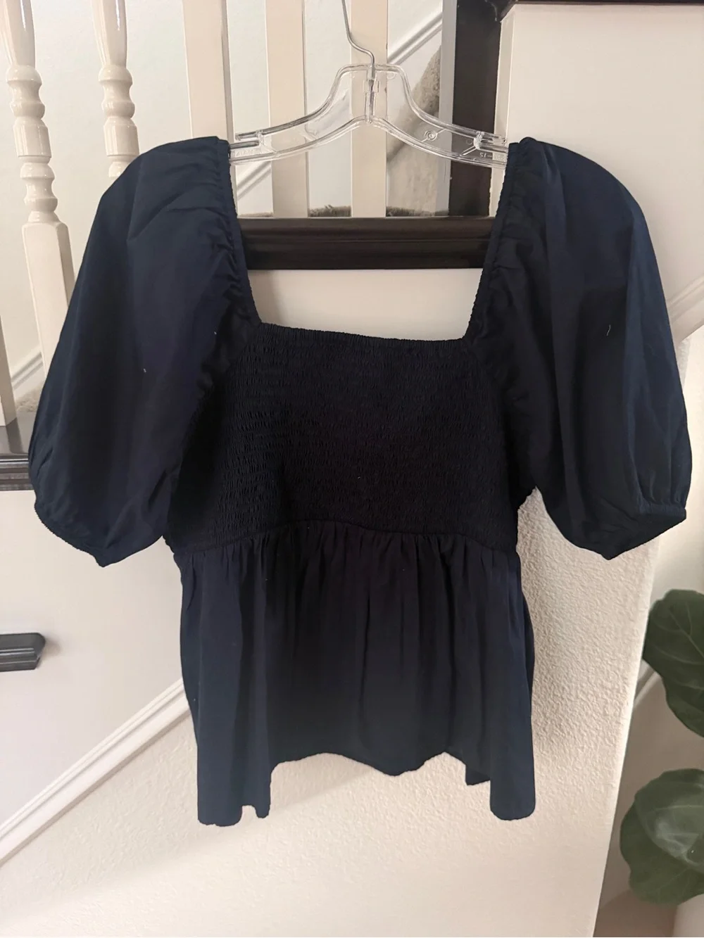 LOFT Navy Puff Sleeve Smocked Peplum Top